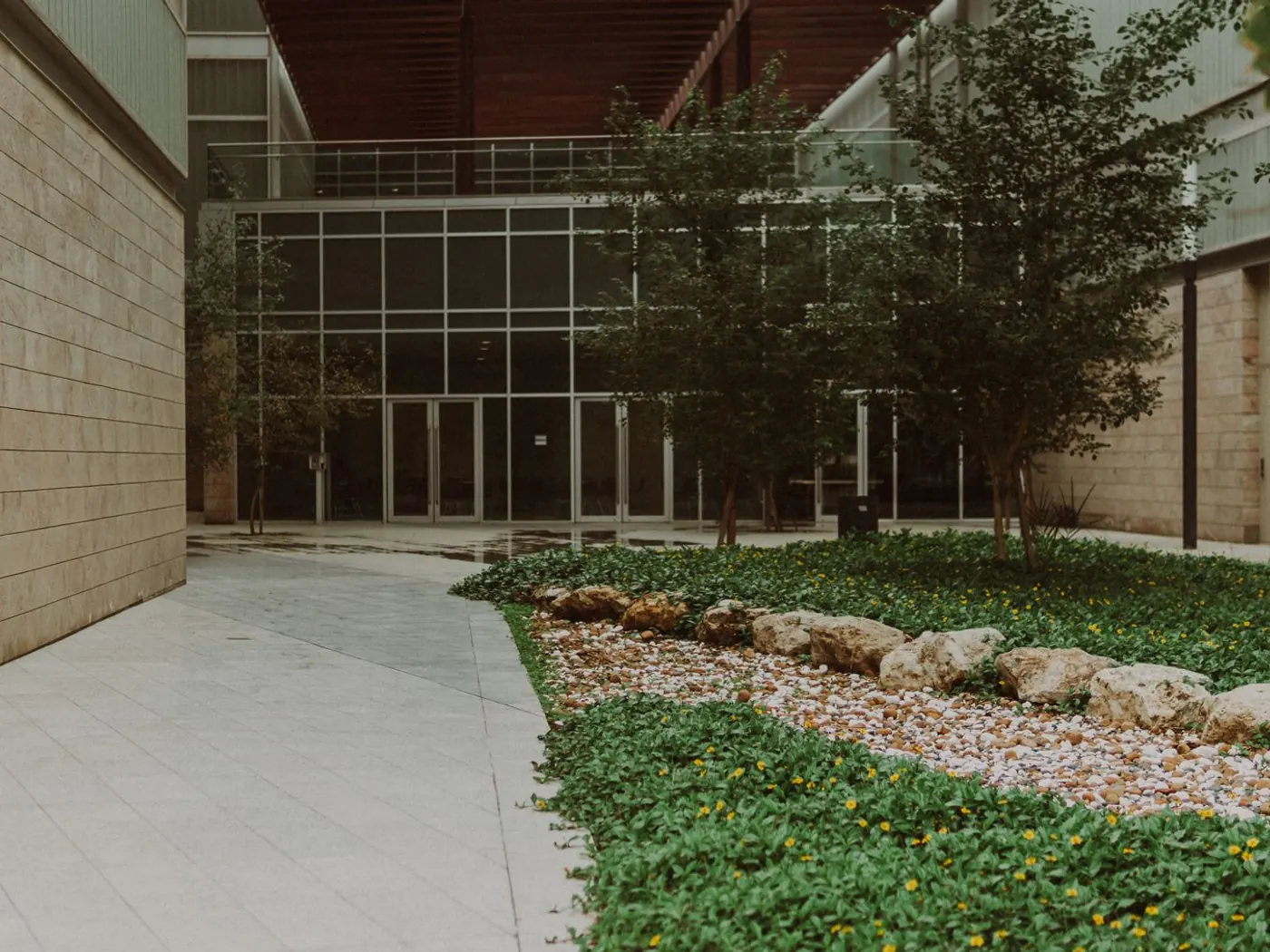 Concrete walkway beside a building with a gravel and planted border
