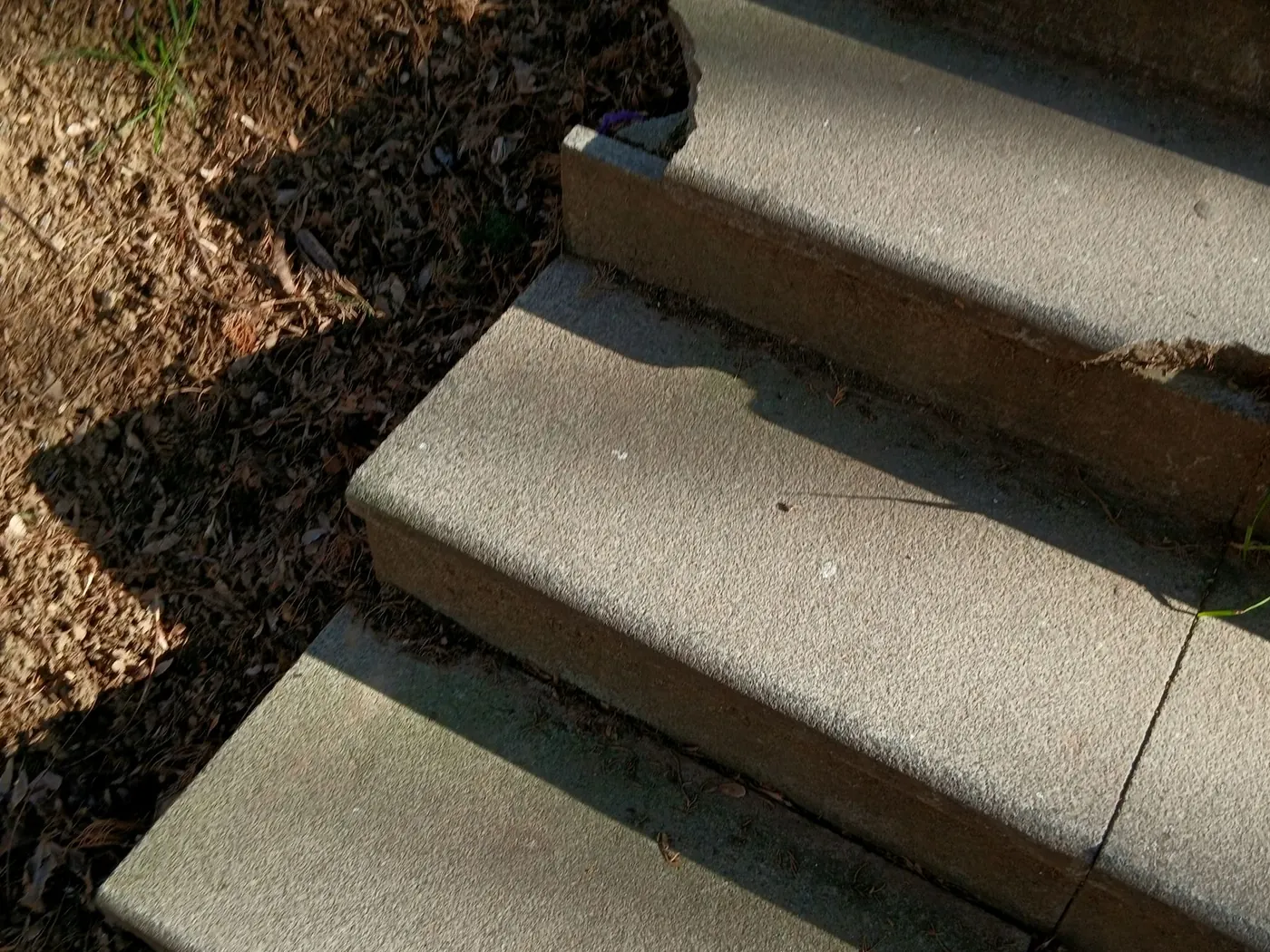 Poured concrete steps with crisp edges leading down a garden slope